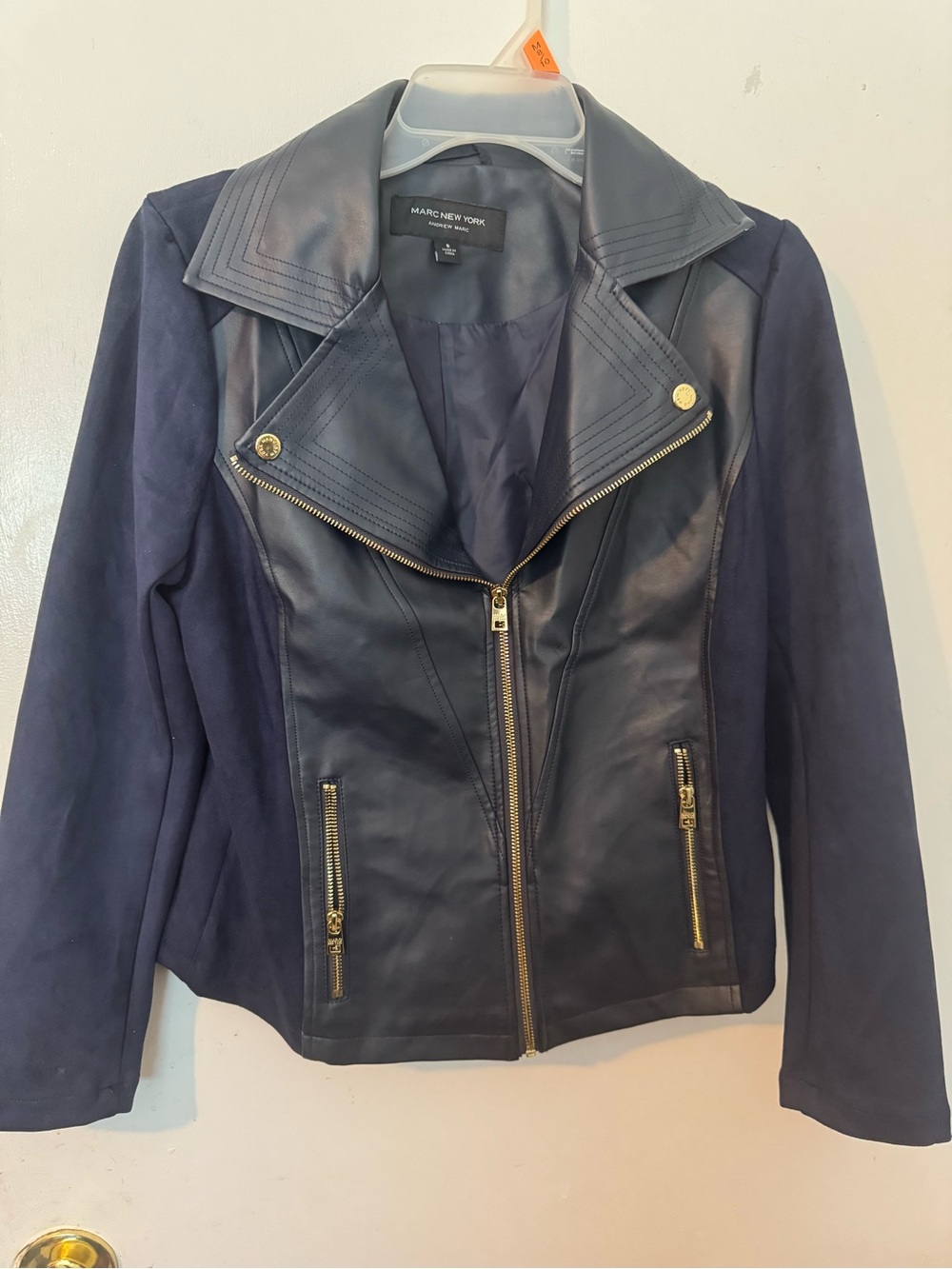Marc New York Navy Mixed-Media Leather Moto Jacket with Gold Hardware